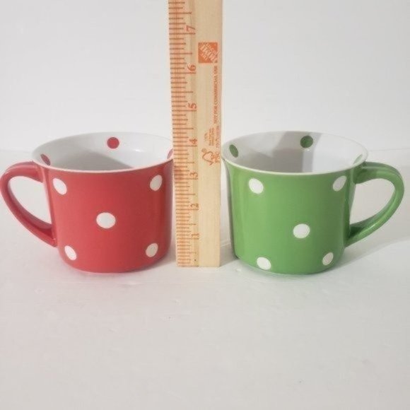 Bundle Of 2 Chef Style Polk-A-Dot Coffee Cups Mug 16 OZ Salmon & Green - Picture 6 of 8